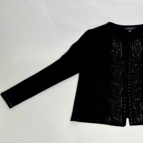BROOKS BROTHERS Open Front Sweater Fine Merino Italian Wool Hand Beaded Black M - Picture 2 of 7